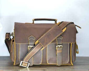 New Shop Promotion 15% OFF Crazy Horse Leather Messenger Bag, Men's Messenger Bag, Men's Briefcase P10886
