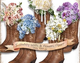 Country Wedding Clipart for DIY Invitations • Cowboy Boots with Flowers Clipart for Shabby Chic Wedding • Watercolor Flowers Clipart