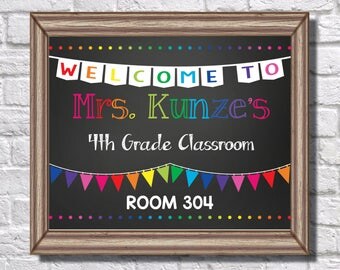 Teacher || Grade || Room number || Printable || Graphic || Black || White || Rainbow || Welcome || Banner || Class || Sign || Classroom