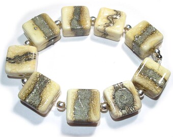 Handmade Glass Lampwork Beads, Silvered Ivory Tiles