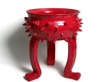 Ceramic Planter - Succulent Planter - Glittery Bright Red Grouchy Planter Pot with Spikes and Sculpted Feet