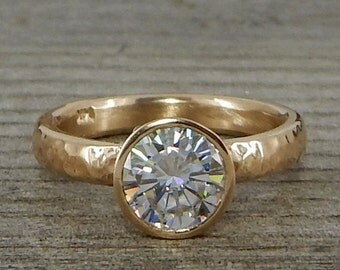 Hammered Gold Engagement Ring - 1.25 Carat Forever One Moissanite and Recycled Yellow Gold with Hybrid Bezel, Eco Friendly, Made to Order