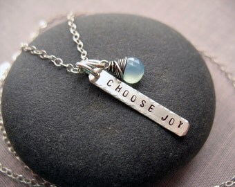 Choose Joy Necklace, Charm Necklace, Stamped Charm, Bar Necklace, Word Necklace, Brenda McGowan, Sterling Silver, Chalcedony Necklace, Joy