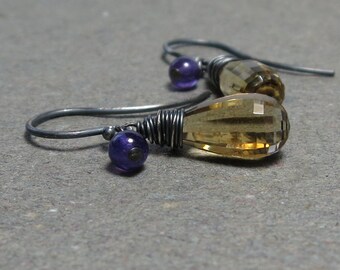 Citrine, Amethyst Earrings November, February Birthstone Oxidized Sterling Silver Earrings Gift for Her
