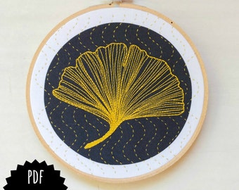 GINKGO - pdf embroidery pattern, embroidery hoop art, ginkgo biloba leaf, golden leaf on black design, sashiko waves, fall decor, wall art
