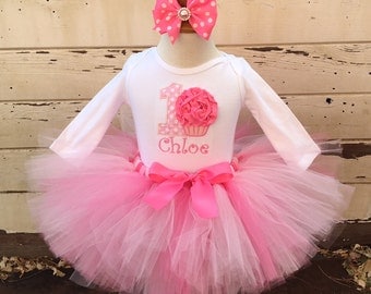 Pretty in Pink 1st Birthday Tutu Outfit- Cupcake Themed- Personalized Baby Girl