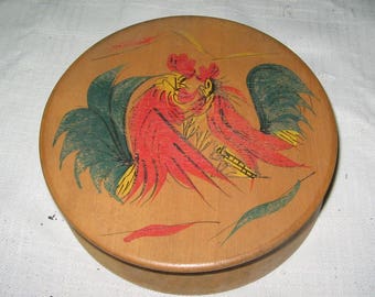 Vintage wood hamburger press painted roosters