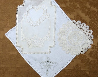 Vintage Linen Whitework Lot, Embroidered White-on-White Linens...Napkins, Dresser Scarf, Doily...pillows, sachets, journals, quilts, LP517