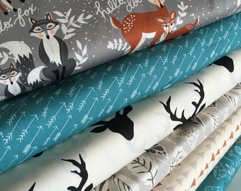Fabric by the Yard, Hello Bear fabric bundle, Woodland Nursery fabric, Rustic Home Decor, Deer fabric, Bundle of 6- You Choose the Cut