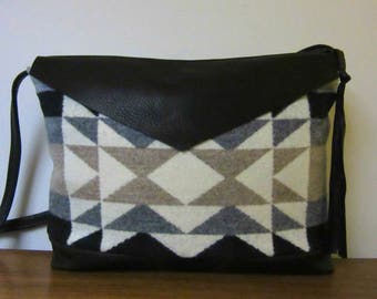 Wool Cross Body Bag Purse Shoulder Bag Black Leather Native American Print from Pendleton Oregon Southwest Style