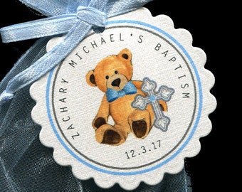 Baptism Favor Tags - Christening Favor Tags - Personalized - Boy - Bear with Cross - Blue