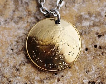 Sea Turtle Necklace Domed Coin Necklace Pendant Cape Verde 1 Escudo Coin 1992 or 1994 Coin Animal Jewelry by Hendywood
