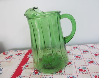 Vintage Green Depression Glass Pitcher - 1930's Shabby Farmhouse Cottage Kitchen