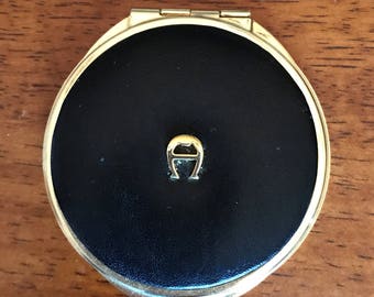 Vintage Etienne Aigner Compact Mirror Black Leather and Gold Metal Mirror Accessories