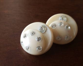 Vintage Buttons - beautiful and unique lot of 2 matching off white celluloid with rhinestones, (mar 249 17)