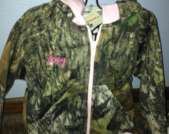 Personalized Baby Girl Girls Pink Trim Mossy Oak or Realtree Camo Camouflage Sweat Jacket