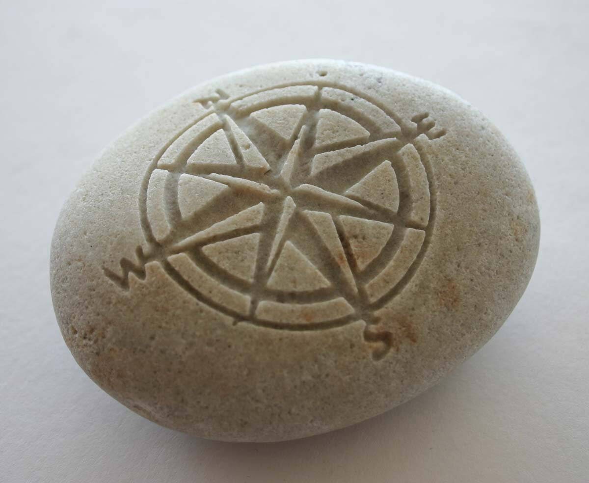 Compass Rose Engraved Stone Nautical River Rock