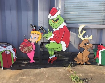 Grinch, Cindy Lou Who, Max & set with 2 presents Personalized Christmas / Holiday Wooden Yard Art 5 pc set