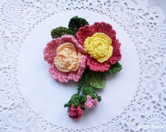 Kawaii Crochet Flower Corsage Brooch - Pink Roses -