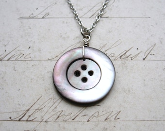 Button Beauty - Antique Shell Button on Antiqued Silver Chain Handmade Necklace with Gift Box