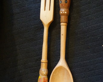 Vintage Kitschy Wooden Fork and Spoon with Happy Faces