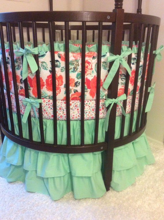 Baby Girl Round Crib Bedding Set Coral and Mint