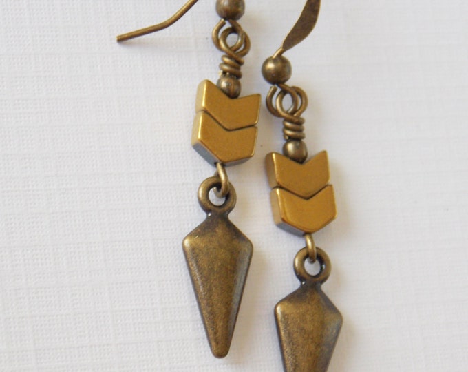 Boho Earrings Little Arrow Chevron Earrings Dainty Light Brass Spike Dangle Drop Boho Woodland Jewelry Gift