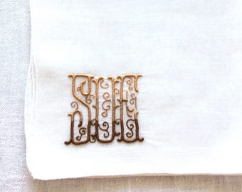Vintage SUE Handkerchief Monogram Shades of Brown on White Cotton