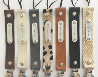 Personalized Leather STAMPED pacifier clip- YOU choose color and name