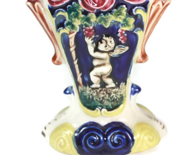 Majolica Cherubs Urn Vase Putti Grapes Vintage 1930s Display
