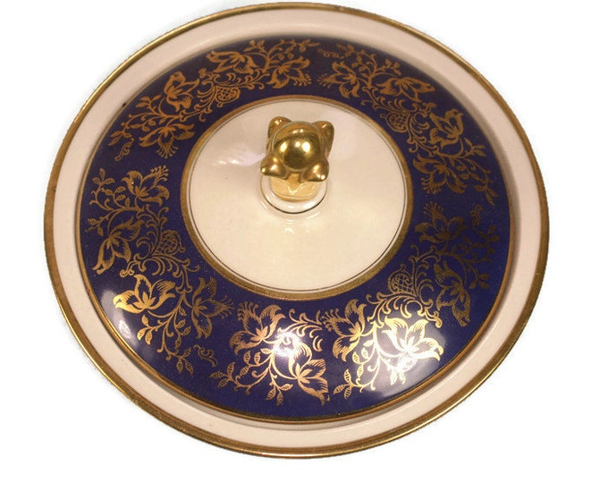 Cobalt Blue Ceramic Dish with Lid Floral Gold Tone Decoration Footed Vintage