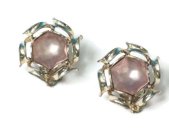 Frosted Mauve Glass Earrings Signed Rousseau Designer Gold Tone