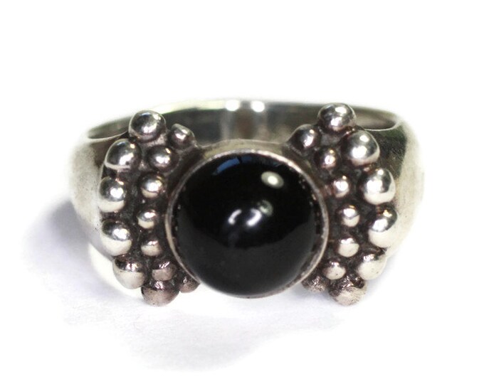 Onyx and Sterling Ring Beaded Accents Size 7.25 Vintage