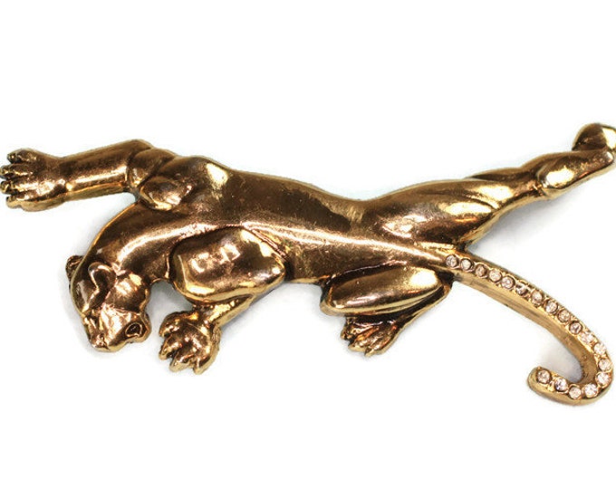 Panther Brooch Rhinestone Tail Gold Tone Vintage Figural Big Cat