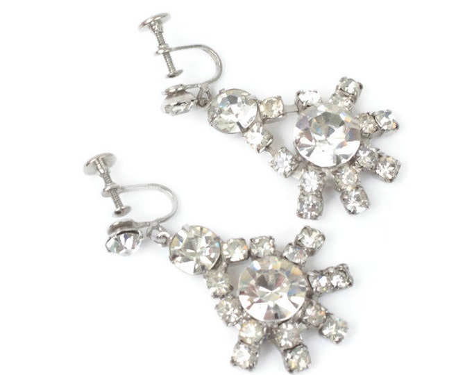 Clear Rhinestone Dangle Earrings Large Glitzy Screw Back