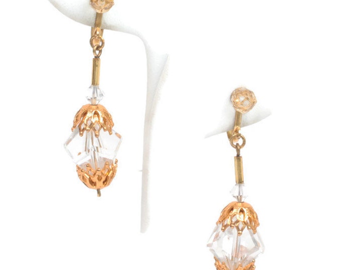 Crystal Bead Earrings Filigree End Caps Dangle Drop Clip Style Earrings