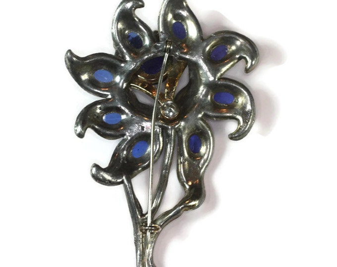 Large Flower Brooch Blue Cabochons Clear Rhinestones Pot Metal Vintage