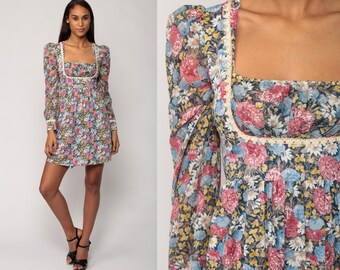 Floral Babydoll Dress 70s Mini Puff Sleeve Bohemian Empire Waist 1970s Boho Peasant Blue Vintage Long Sleeve Extra Small xs