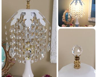 Clip on Tole WATERFALL Chandelier Prisms LAMP SHADE Crystal Ball Finial For Standard Edison Base Lightbulb ~ Original Design