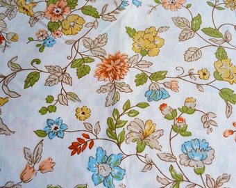 Vintage Bed Sheet - Turquoise Blue and Yellow Vine Flowers - King Flat