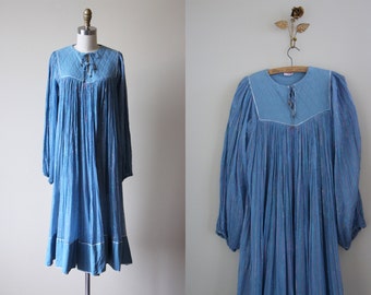 Vintage 70s Indian Cotton Dress - 1970s India Tunic Gauze Cotton Metallic Kaftan Dress w Ties S M - Ice Floe Dress
