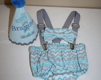 baby boy first birthday outfit, cake smash outfit boy light blue, gray, white 1st birthday hat suspenders, diaper cover bow tie