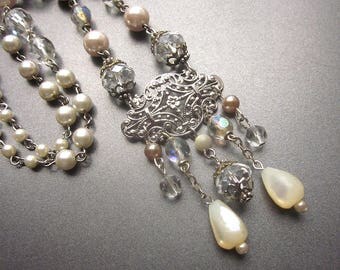 Crystal and Pearl Beaded Necklace Wedding Jewelry Handmade