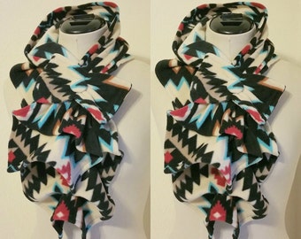 Ruffled Bow Scarf - Fleece tribal print Turquoise, cream, red, black- Made-to-order