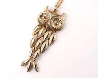 Movable Gold Owl Pendant, Vintage Owl Necklace, Whimsical Owl Jewelry Long Gold Chain, Antique Pendant, Patterned Large Bird