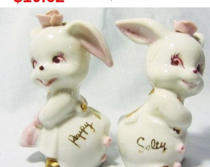 Salty and Peppy Bunny Salt and Pepper Shakers, China Bunny Shakers Pink Roses, Antique Unique Decorative Salt and Pepper Shakers, Rabbits
