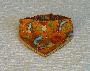 Dog Bandana, Pet Bandana, Dog Scrunchie, Dog Scarf, Plump Turkeys Fancy Bandanchy with tiny beige pom pom trim - Size L: 16" to 18" neck