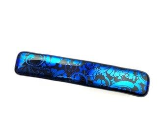 Hair Clip, French Barrette, Metallic Blue & Black, Floral Design