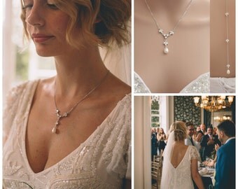 Back Drop Bridal Necklace Pearl Crystal Bridal Necklace Wedding Pearl Crystal Necklace Backdrop Necklace Simple Necklace, Leila