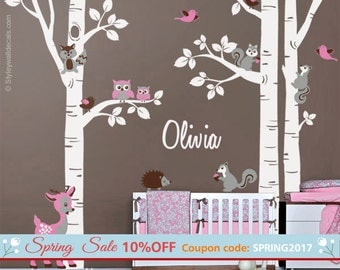 Birch Trees Sticker, Birch Trees Wall Decal, Forest Animals Wall Sticker, Bambi Squirrels Birds Owls Forest Trees Wall Decal, Nursery Decor